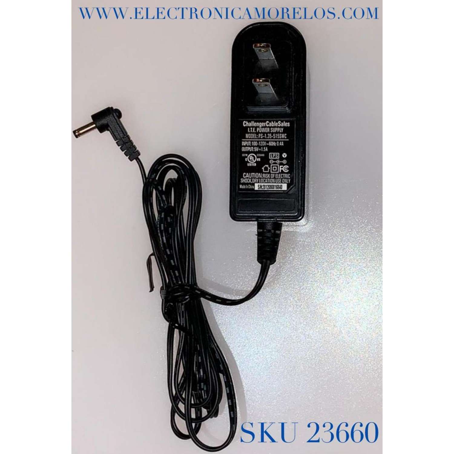 ADAPTADOR CHALLENGER VCA / NUMERO DE PARTE PS-1.35-515SWC / MODELO PS-1.35-515SWC / ENTRADA VCA 100-120V～50-60Hz .4A / SALIDA VCD 5V-1.5A